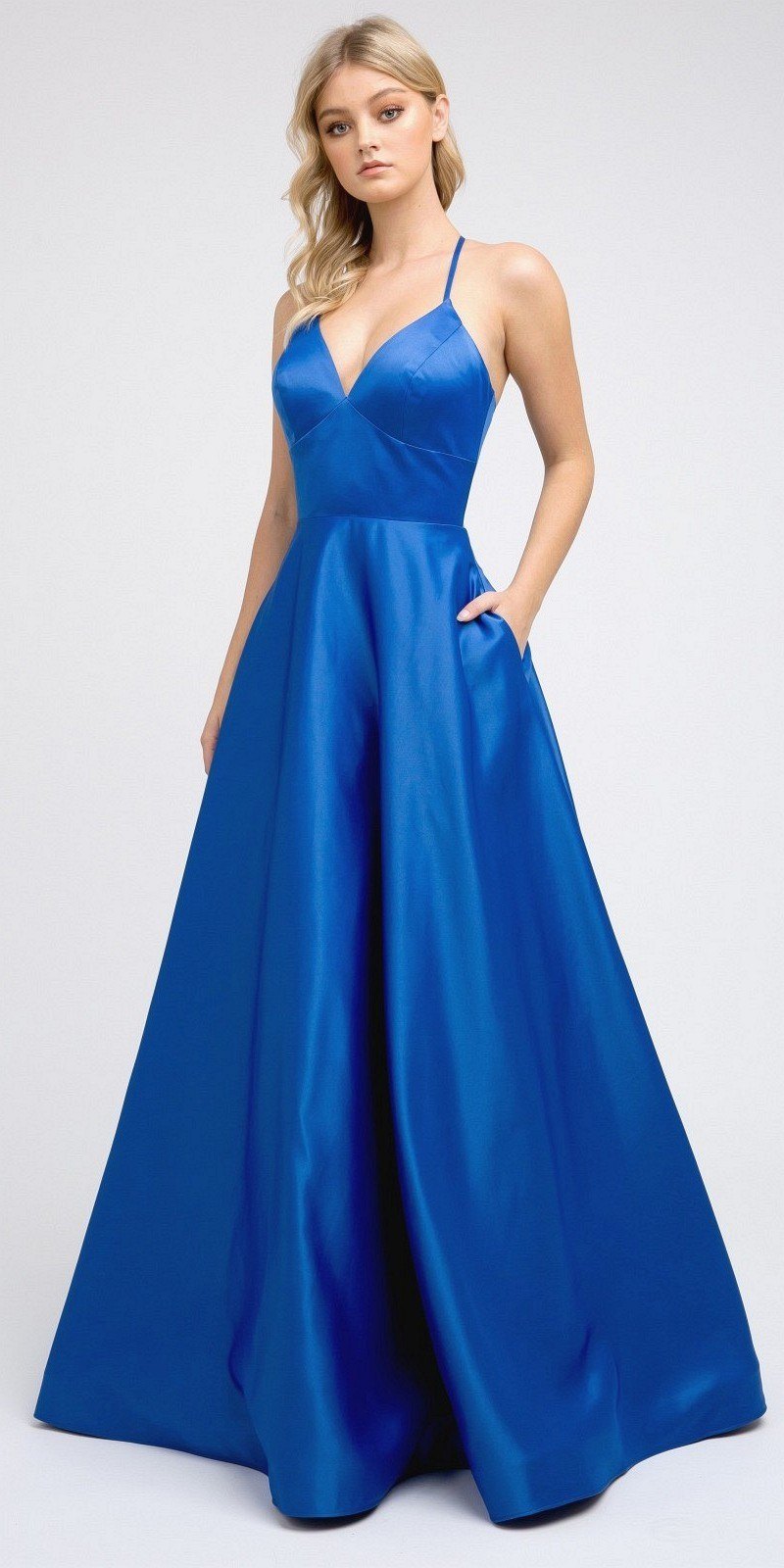 Satin A-line prom dress in blue with spaghetti straps and flared full skirt