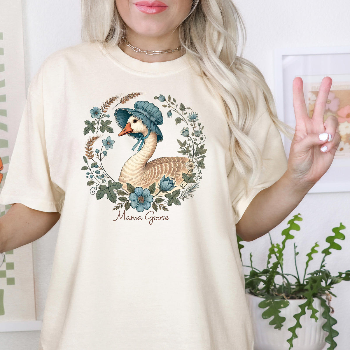 Ivory T-shirt with blue bonnet goose floral wreath front print