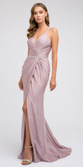 Long strappy-back dress with V-neck, twisted waist, and side slit