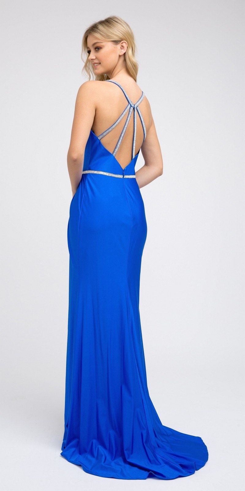 Long strappy-back dress with crisscross straps and high slit train
