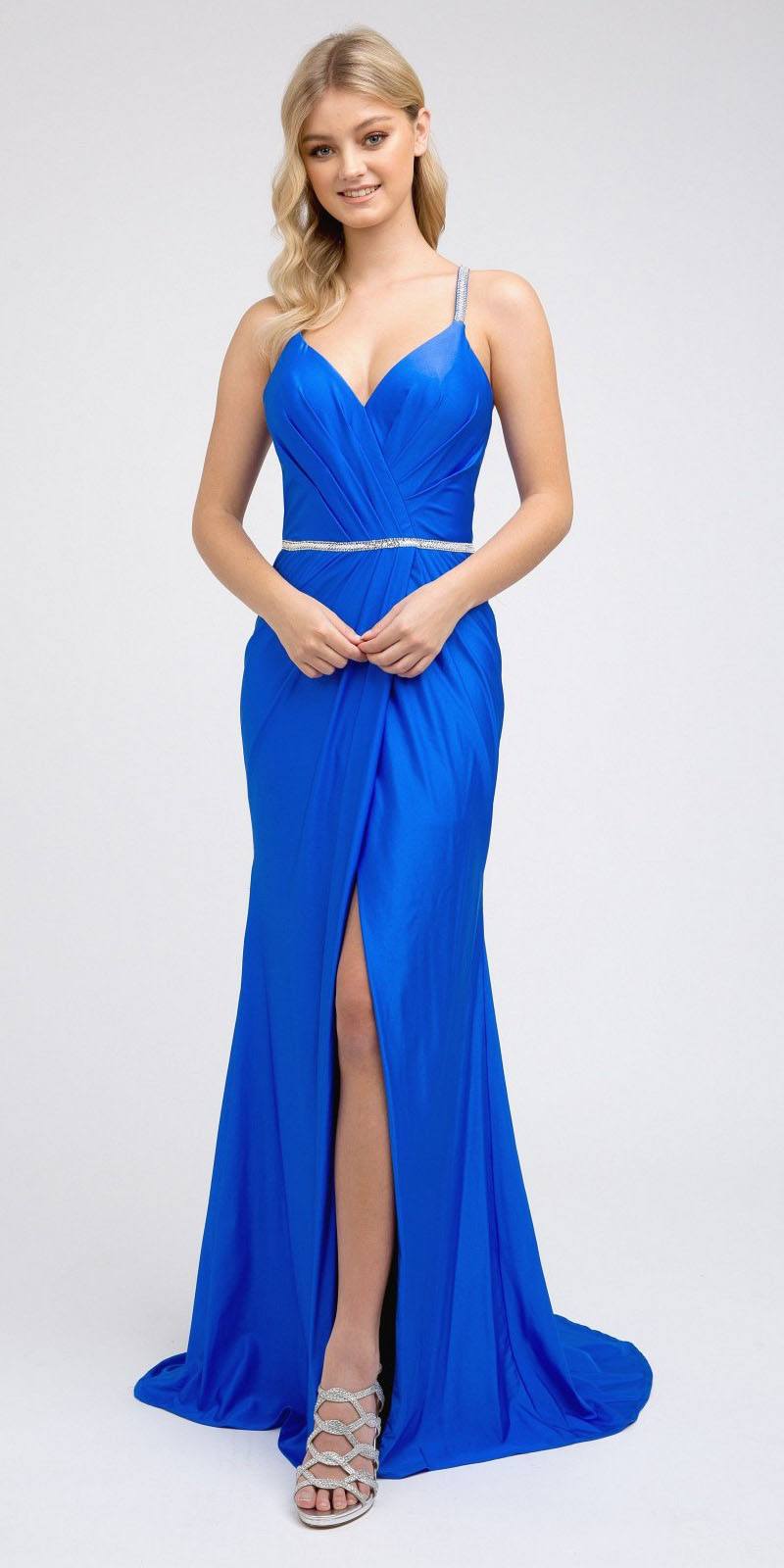 Long strappy-back dress with V-neck, waist tie, and high slit