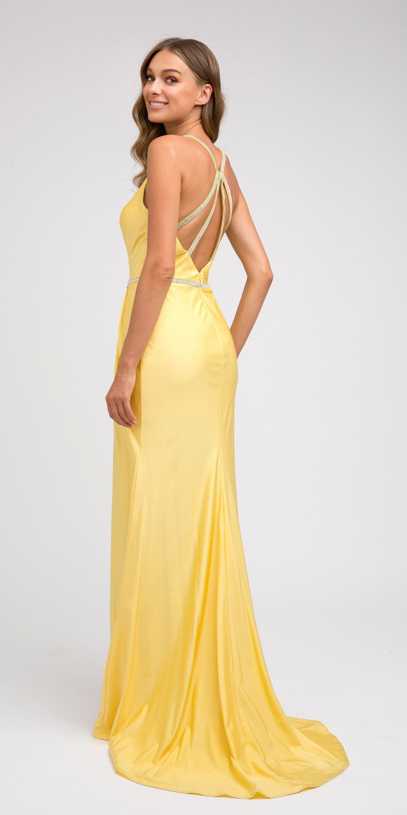 Long strappy-back dress with crisscross straps and side slit