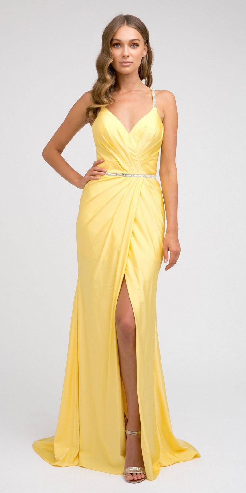 Long strappy-back dress with V-neck, gathered waist, and side slit