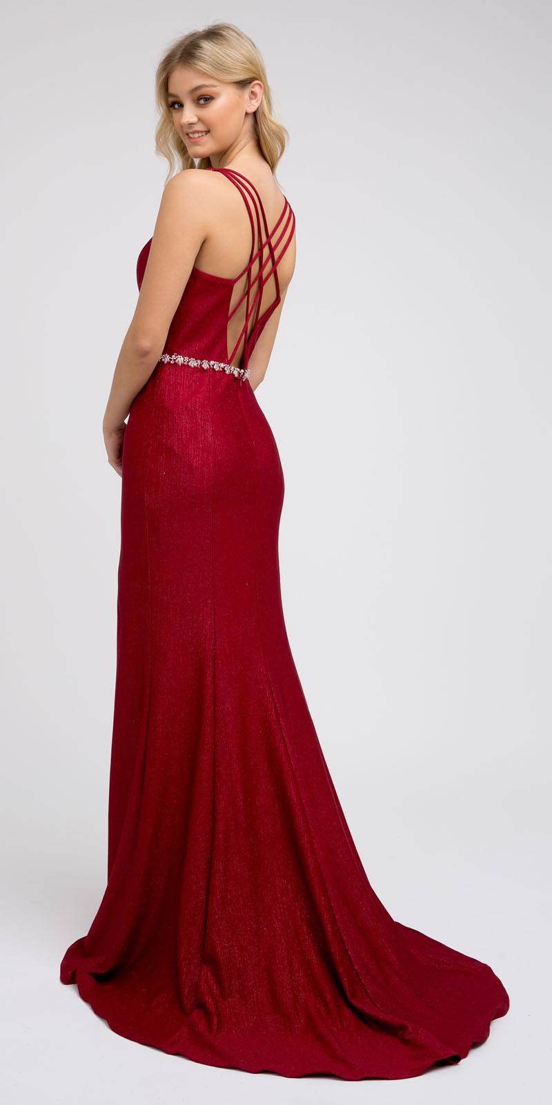 Long burgundy prom dress with crisscross strappy back and floor-length skirt
