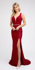 Long burgundy prom dress with V-neck, rhinestone waist detail, and thigh slit