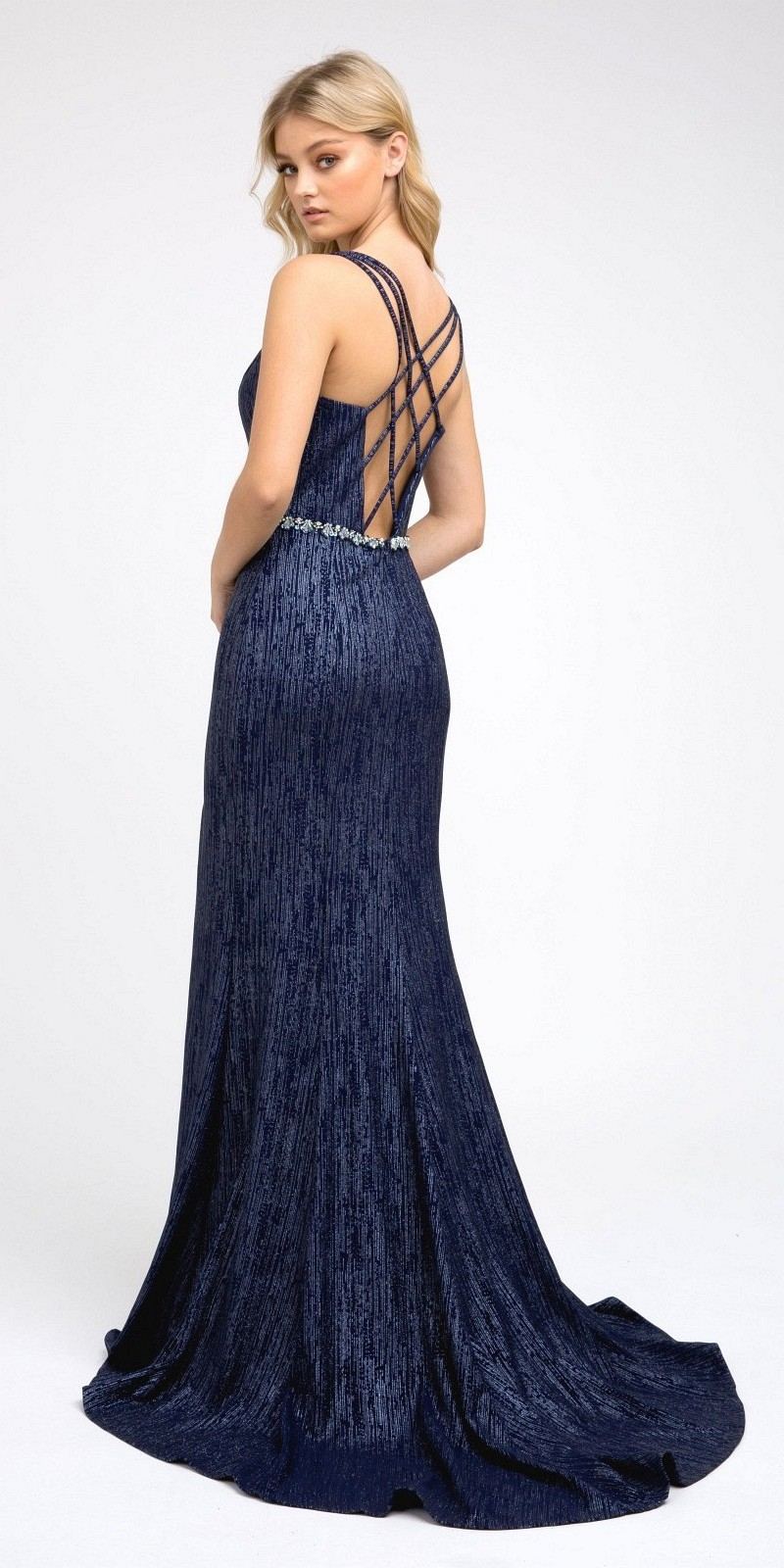 Navy long prom dress with crisscross back straps, fitted skirt, floor-length hem