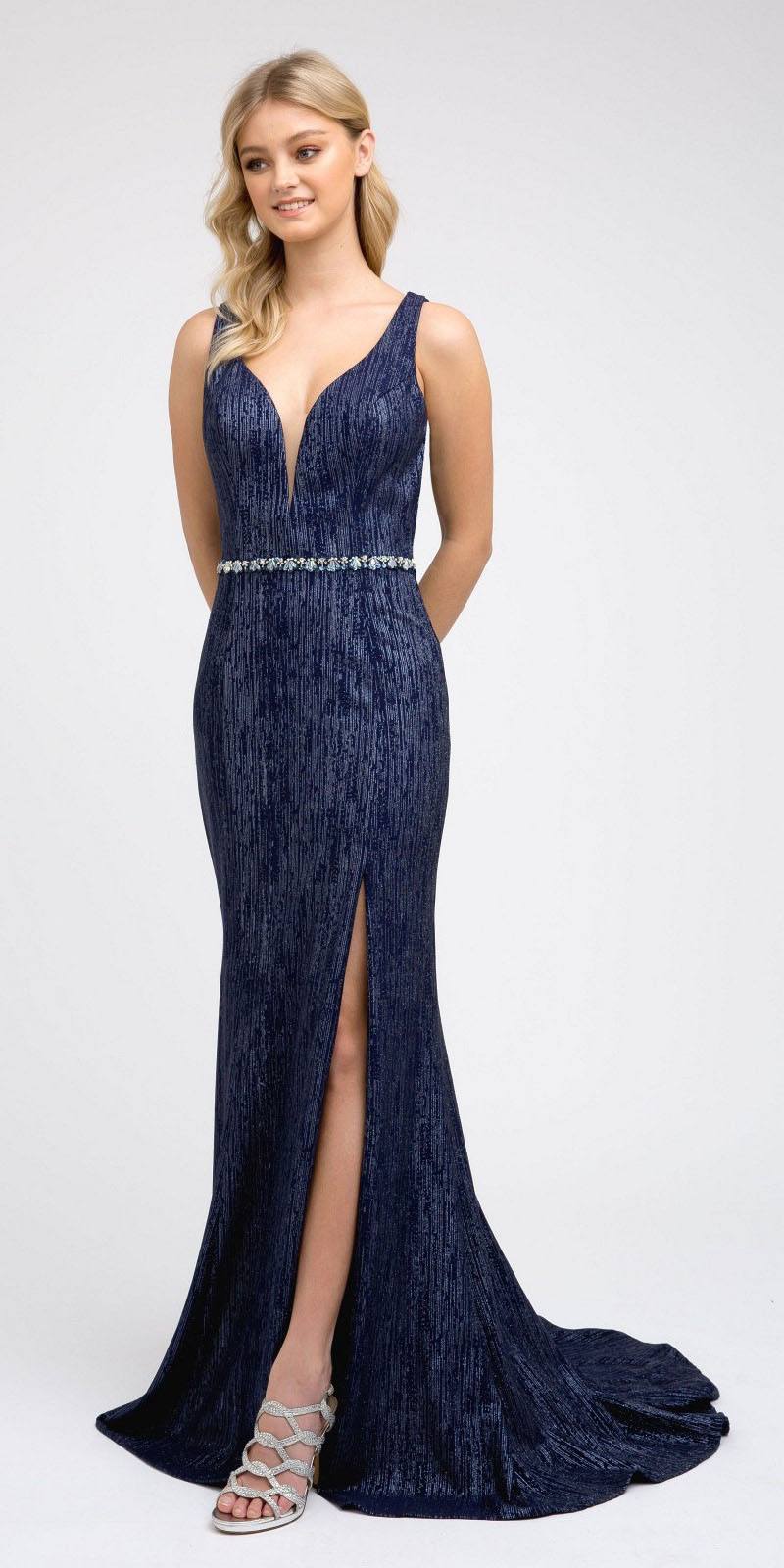 Navy long prom dress with V-neck and beaded waist, front thigh slit