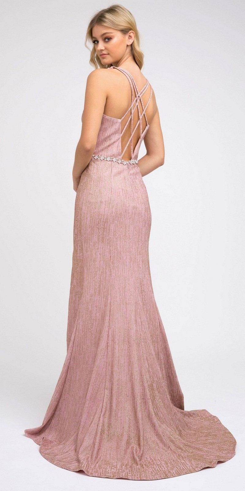 Rose gold long prom dress with crisscross back straps, V-neck front, beaded waist
