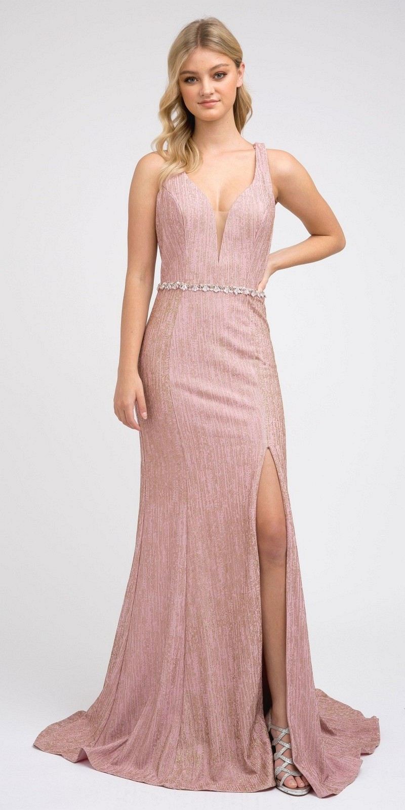 Rose gold long prom dress with V-neck, beaded belt, front thigh slit