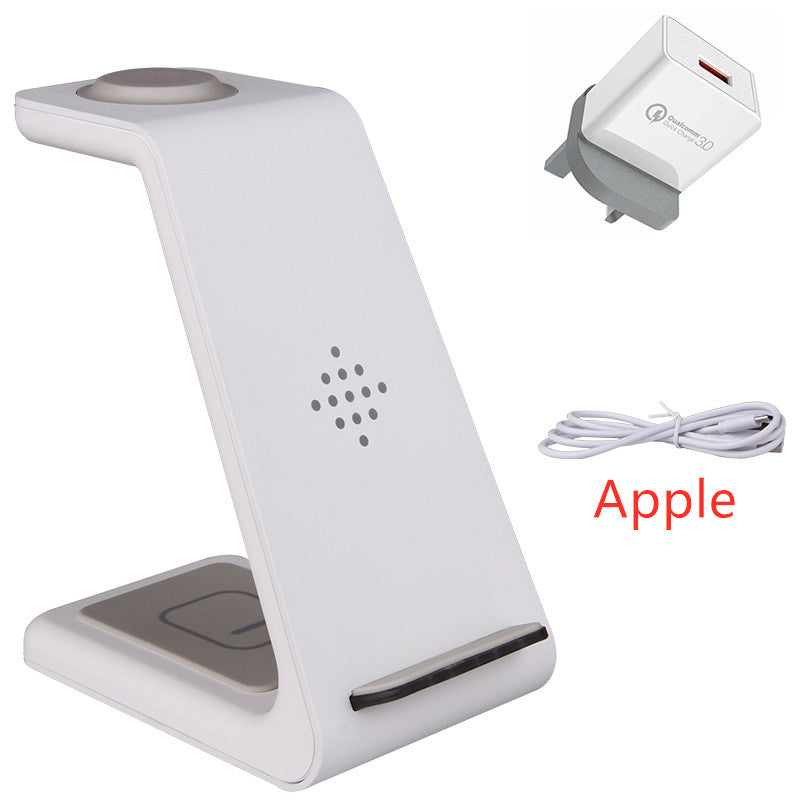 White wireless charger stand with illuminated top, plus charging cable and adapter