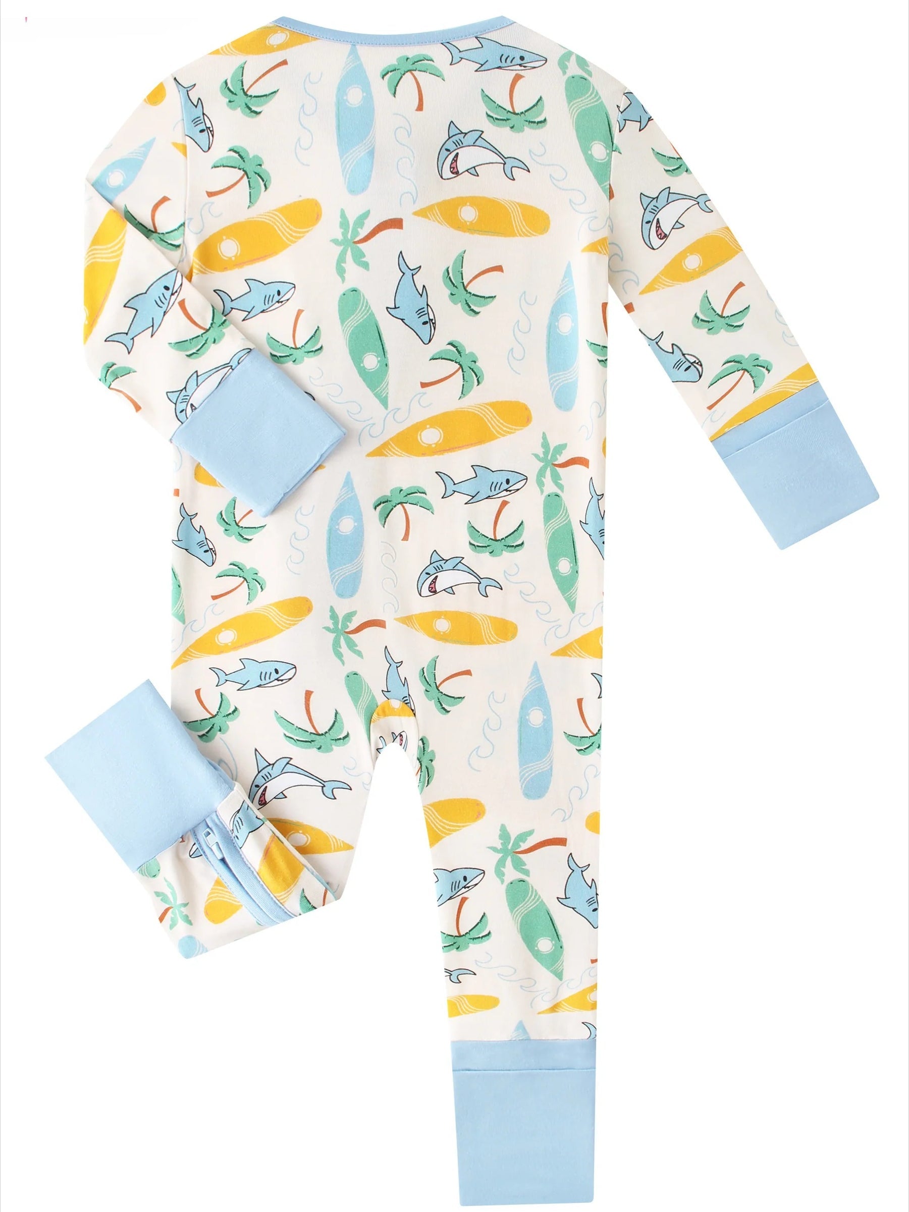 Convertible baby zip romper, cream with sea-animal print and light blue foot cuffs