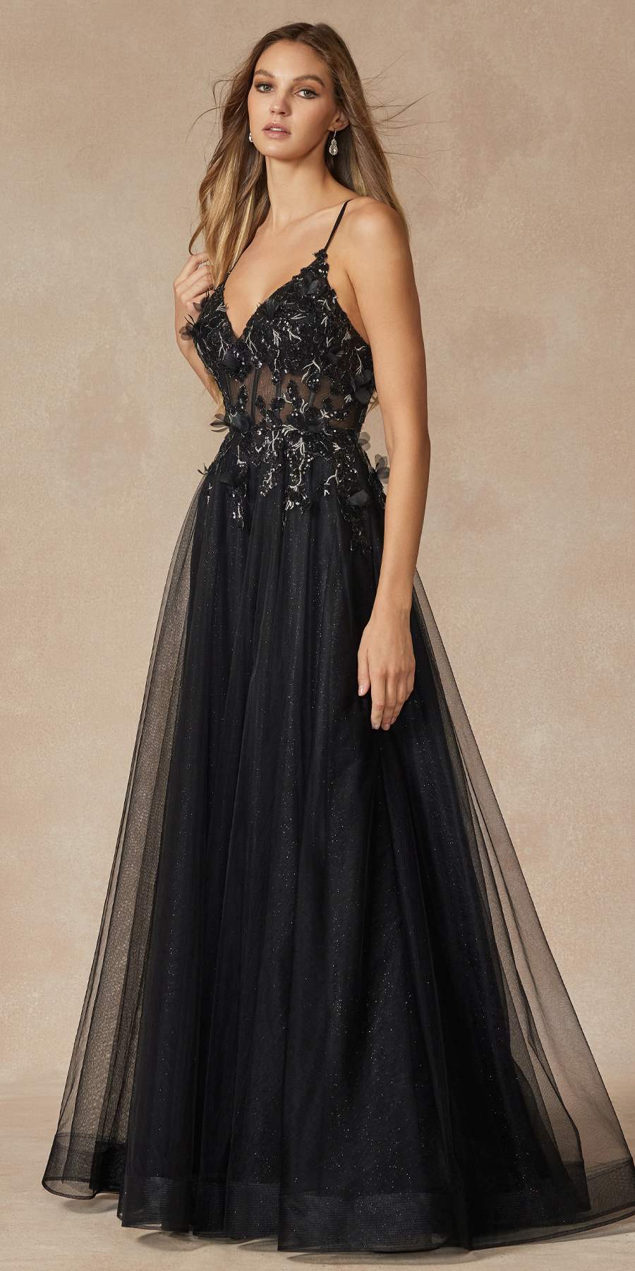 Black tulle A-line gown with thin straps, V-neck bodice, and sparkling appliques