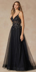 Black tulle A-line gown with thin straps, V-neck bodice, and sparkling appliques