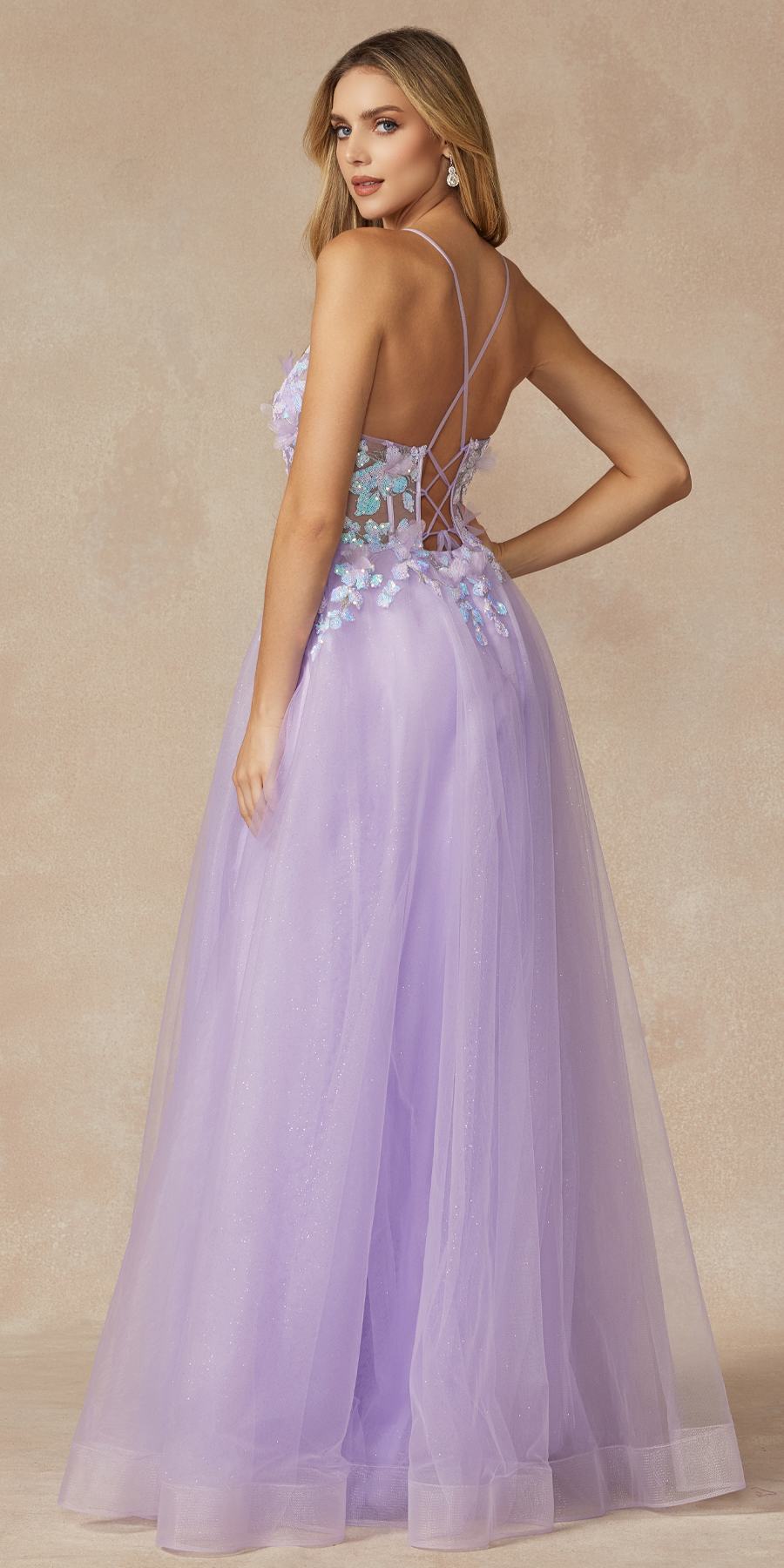 A-line tulle floor-length gown with lace-up back and beaded bodice; lavender