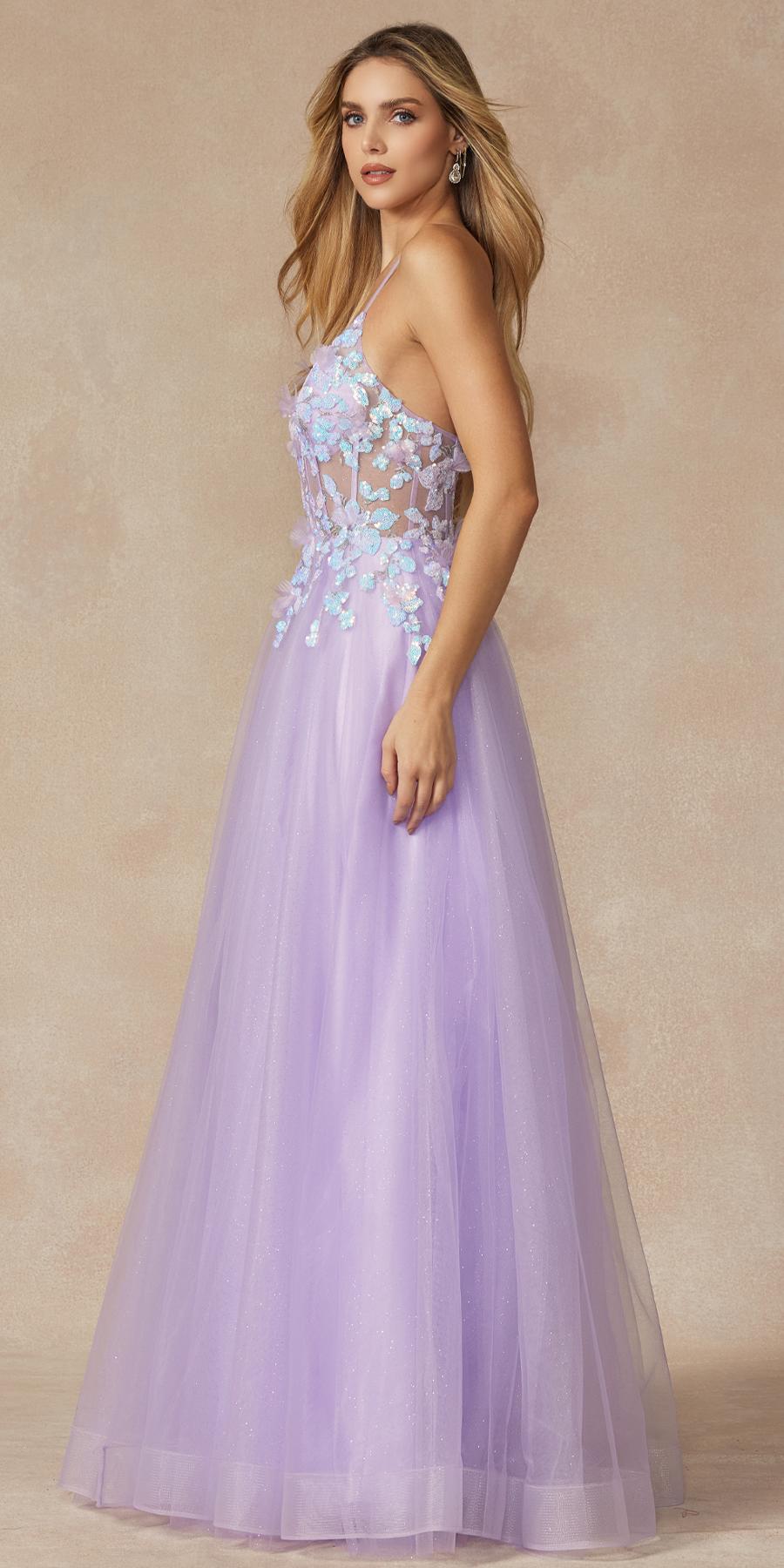 A-line tulle floor-length gown with beaded V-neck bodice and spaghetti straps; lavender