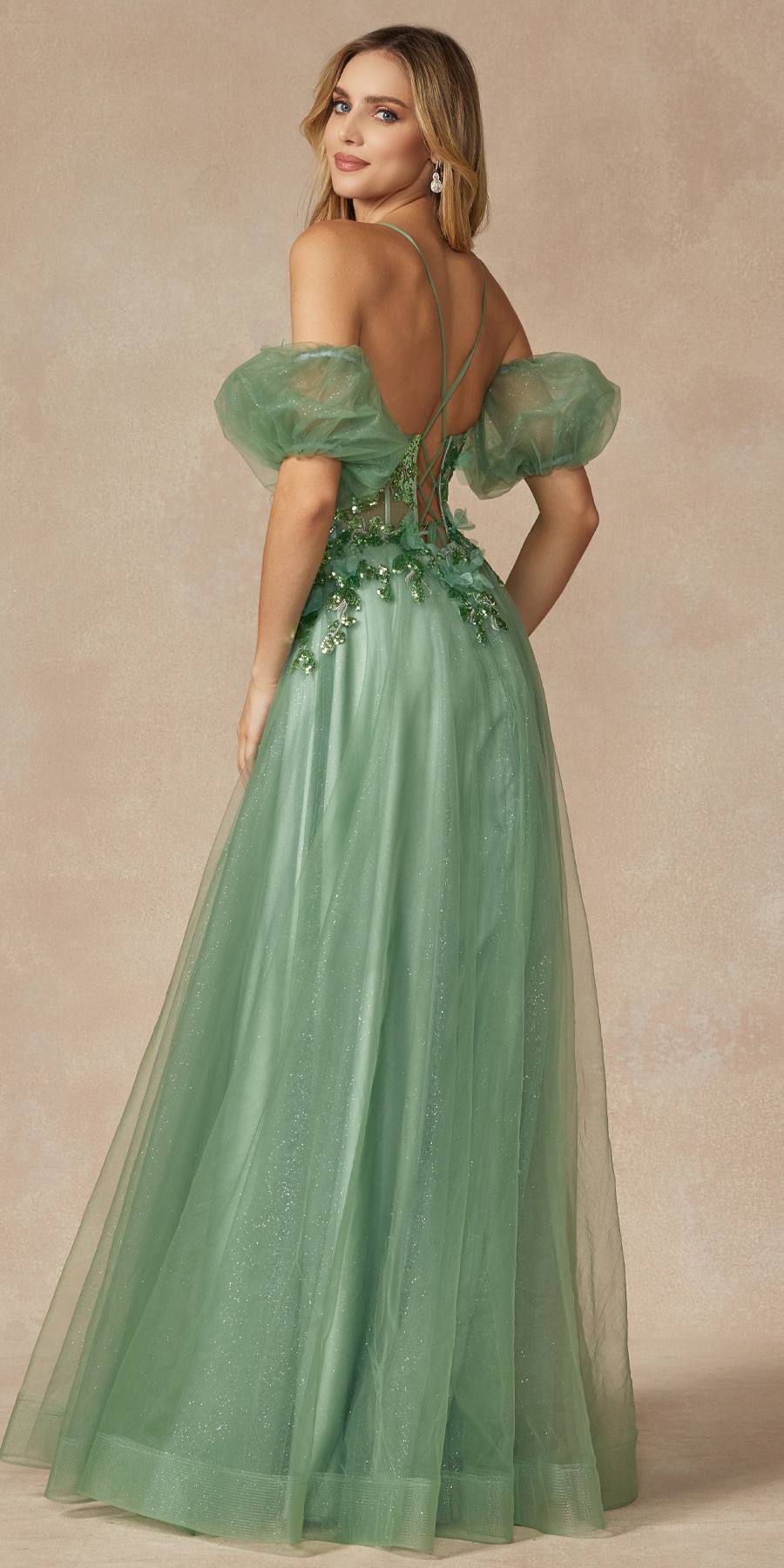 A-line tulle floor-length gown with embroidered bodice and puff sleeves; sea green
