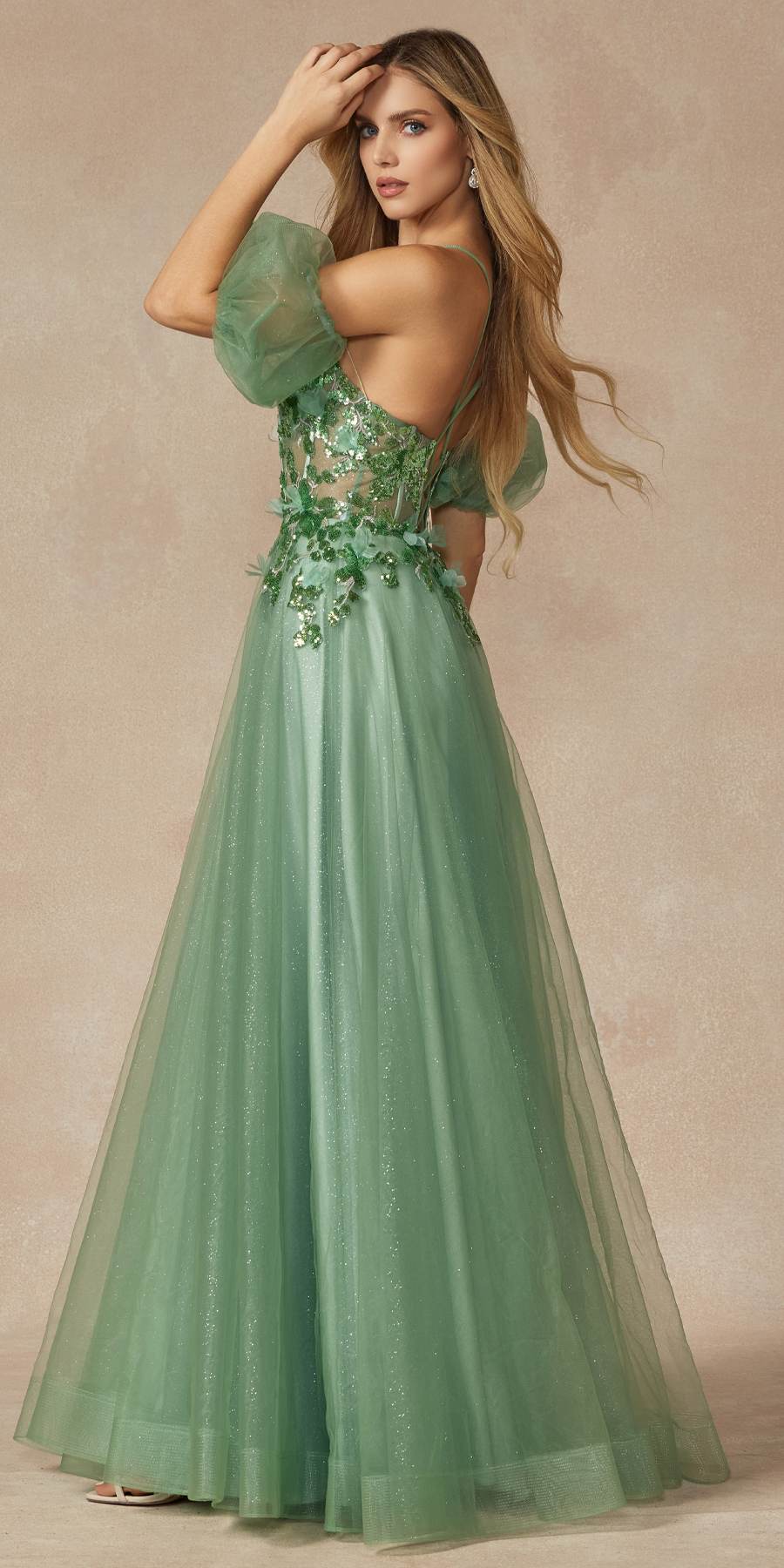 A-line tulle floor-length gown with jeweled bodice and puff sleeves; sea green