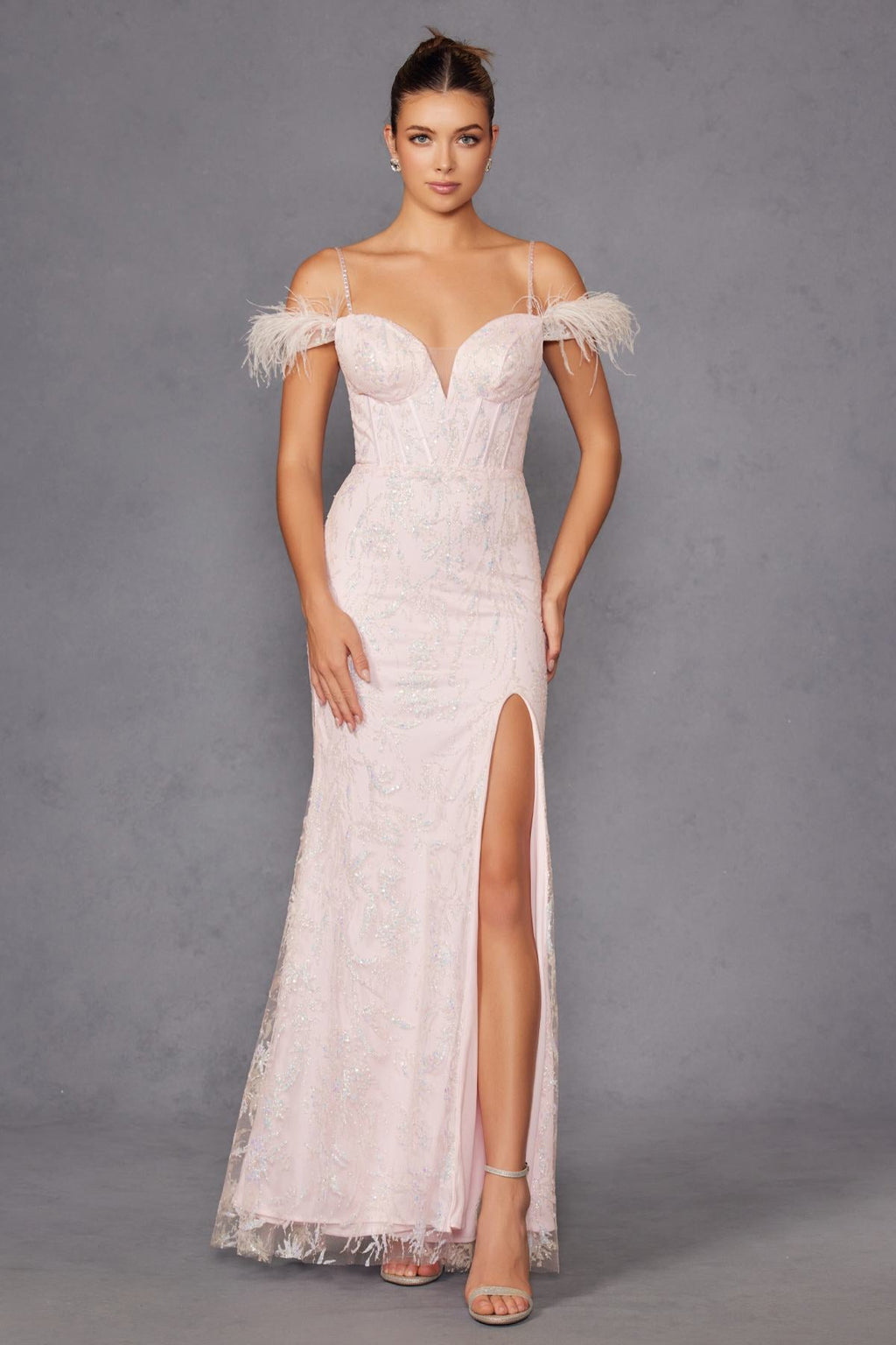 Off-white long sequin gown with feathered off-shoulder sleeves and front slit