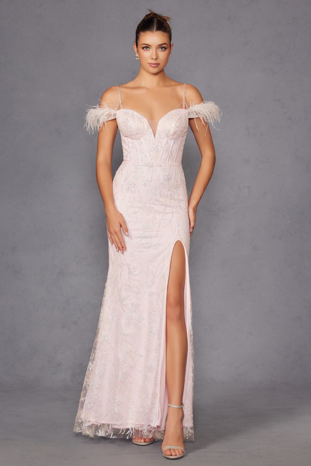 Off-white long sequin gown with feathered off-shoulder sleeves and front slit