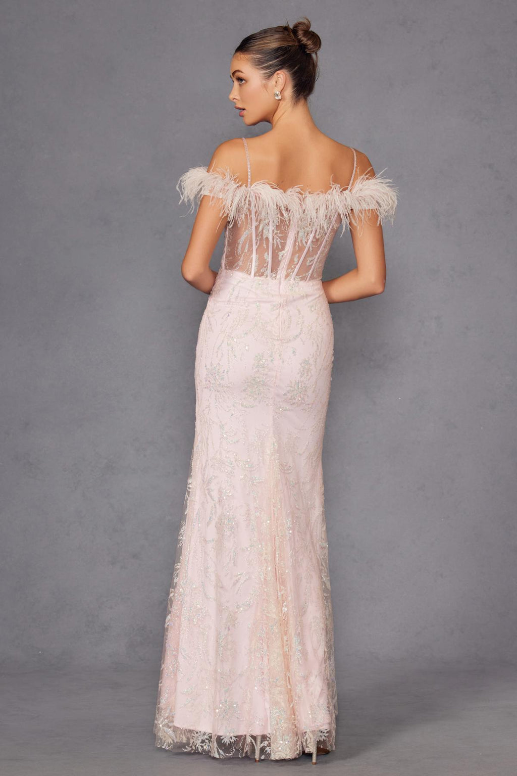 Off-white long sequin gown with feathered off-shoulder sleeves and back-to-slit detail