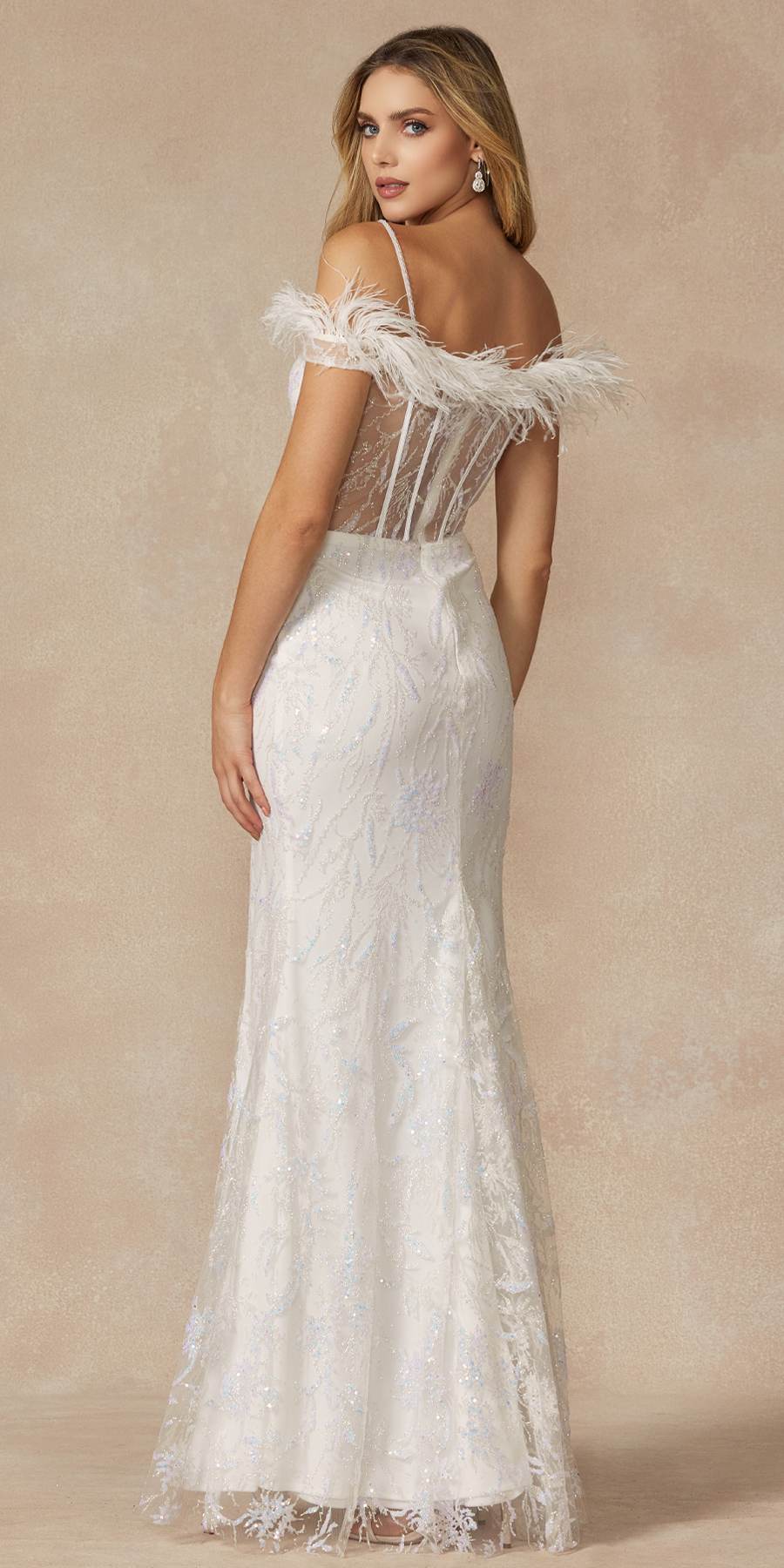 Off-white glitter sequin gown with feathered cap sleeves and fitted skirt