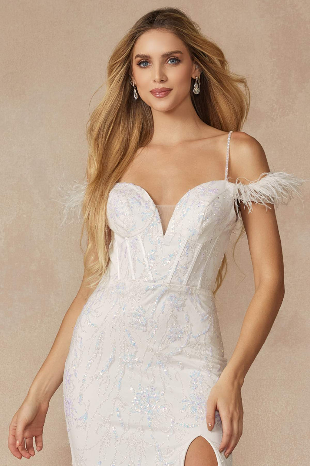 Off-white sequin gown with feathered off-shoulder sleeves and sweetheart bodice
