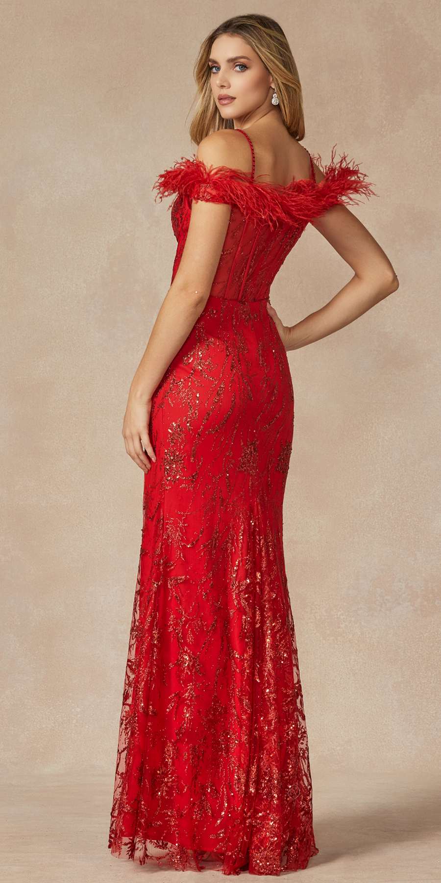 Red sequin gown with feathered shoulder trim and fitted column silhouette
