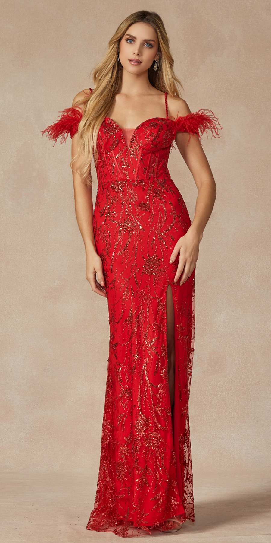 Red glitter sequin gown with feathered off-shoulder sleeves and column hem