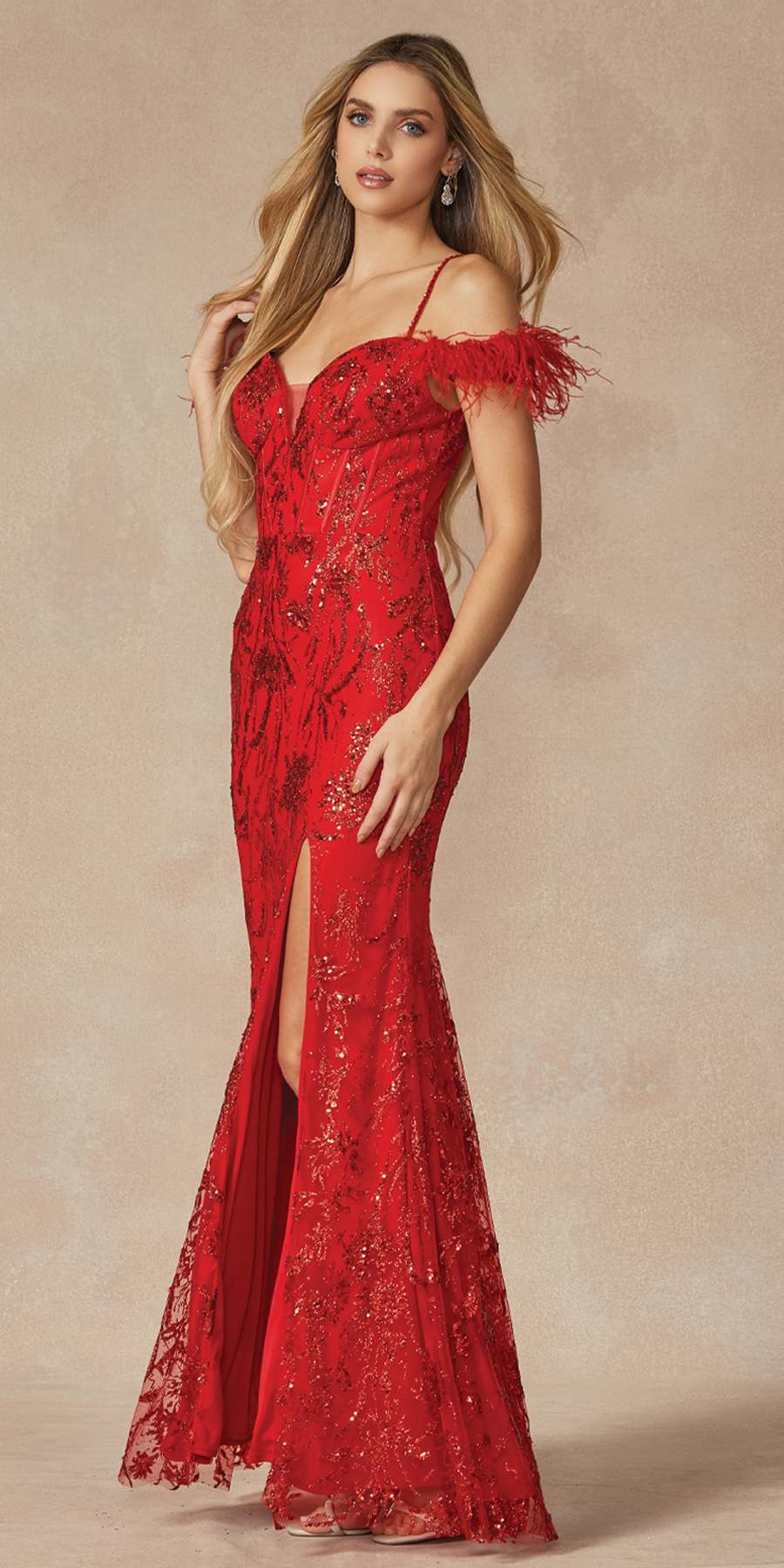 Red sequin gown with feathered off-shoulder neckline and side slit