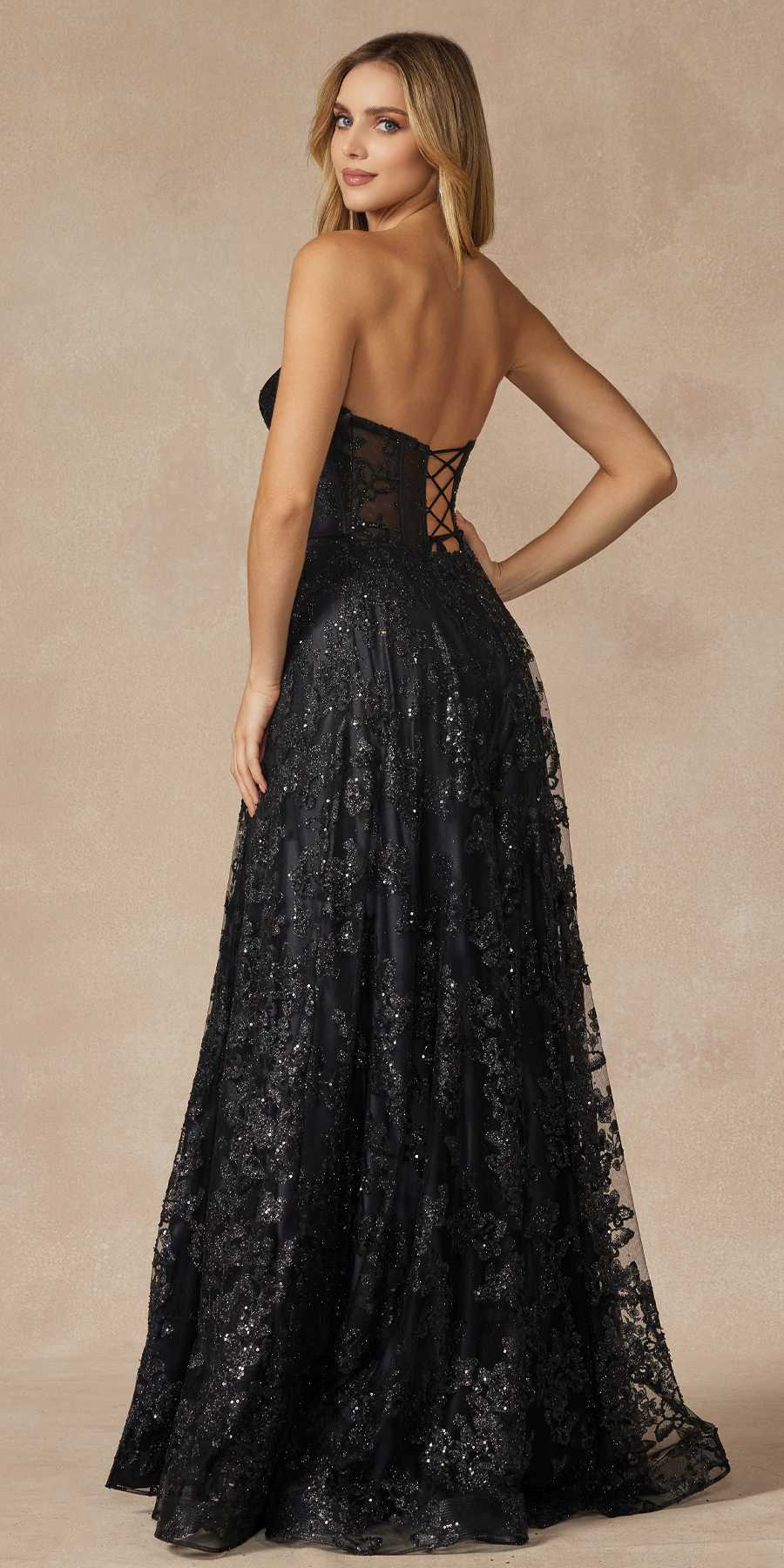 Black strapless corset long gown with lace-up back and glitter butterfly embroidery