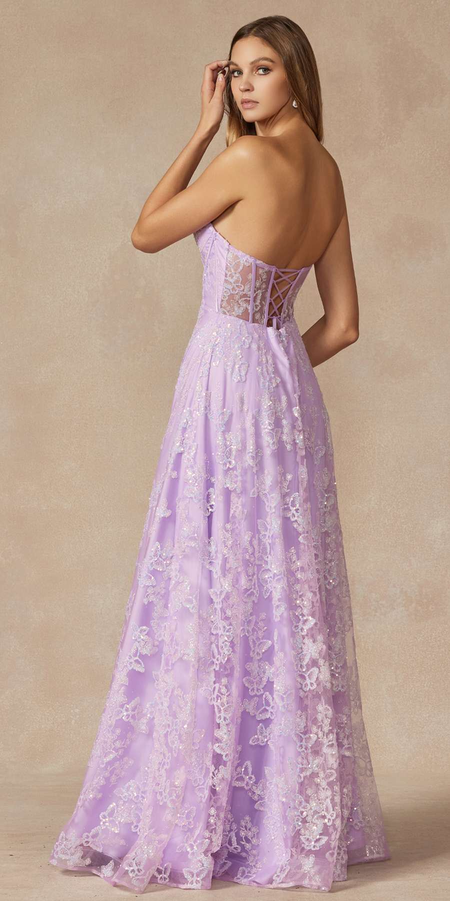 Lilac embroidered corset gown with open back and sheer upper panel