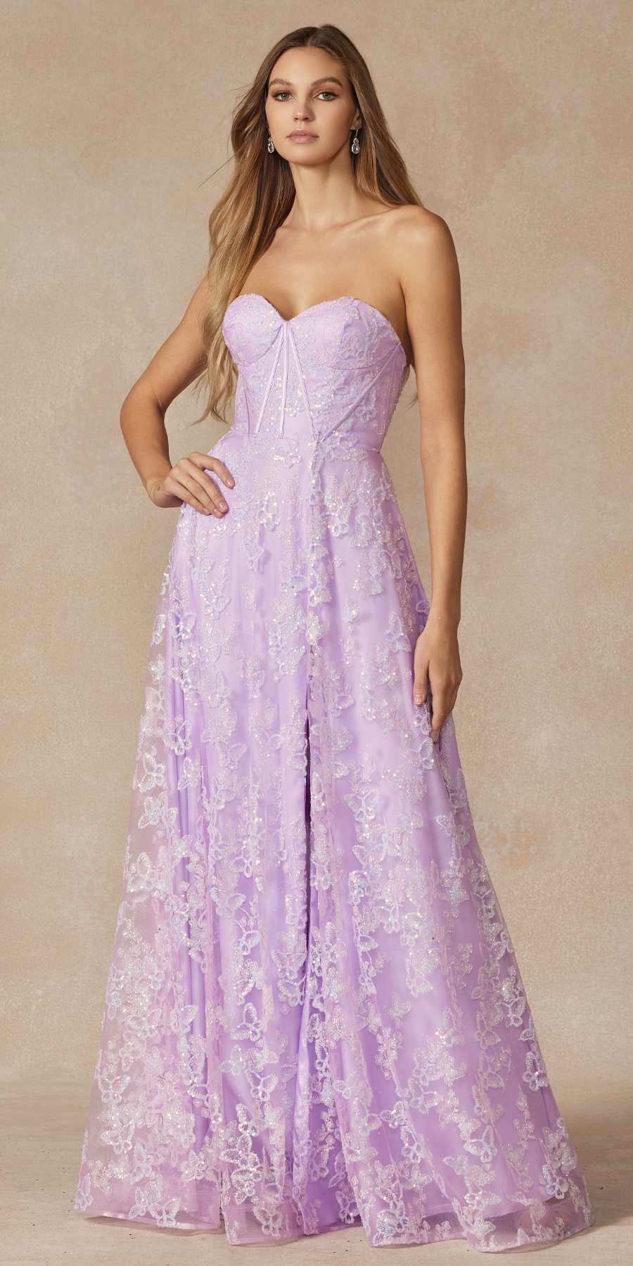 Lilac strapless corset gown with sweetheart neckline and lace-like embroidered texture
