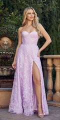 Lilac corset-style glitter embroidered gown with sweetheart neckline and side slit