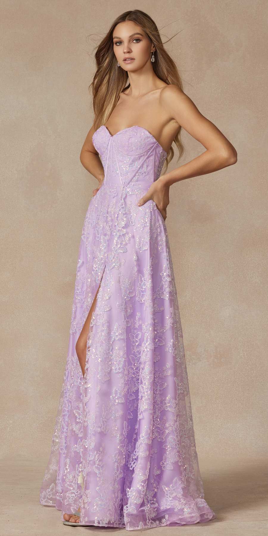 Lilac strapless corset gown with sweetheart neckline and glitter embroidery