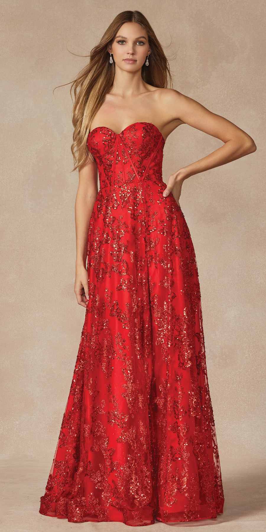Red strapless corset long gown with glitter butterfly embroidery and side slit