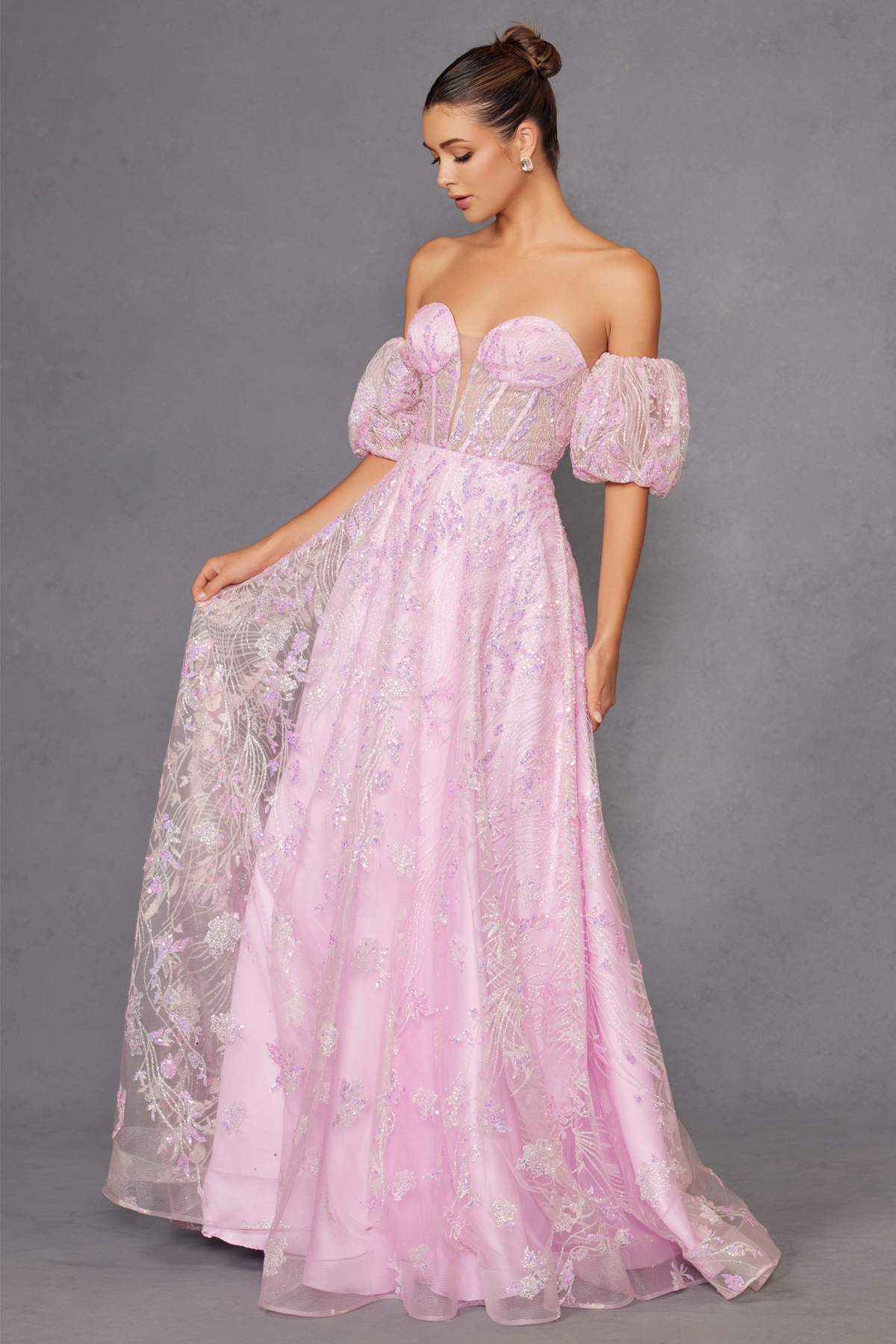 Pink strapless sequin tulle ballgown with puff sleeves, full skirt