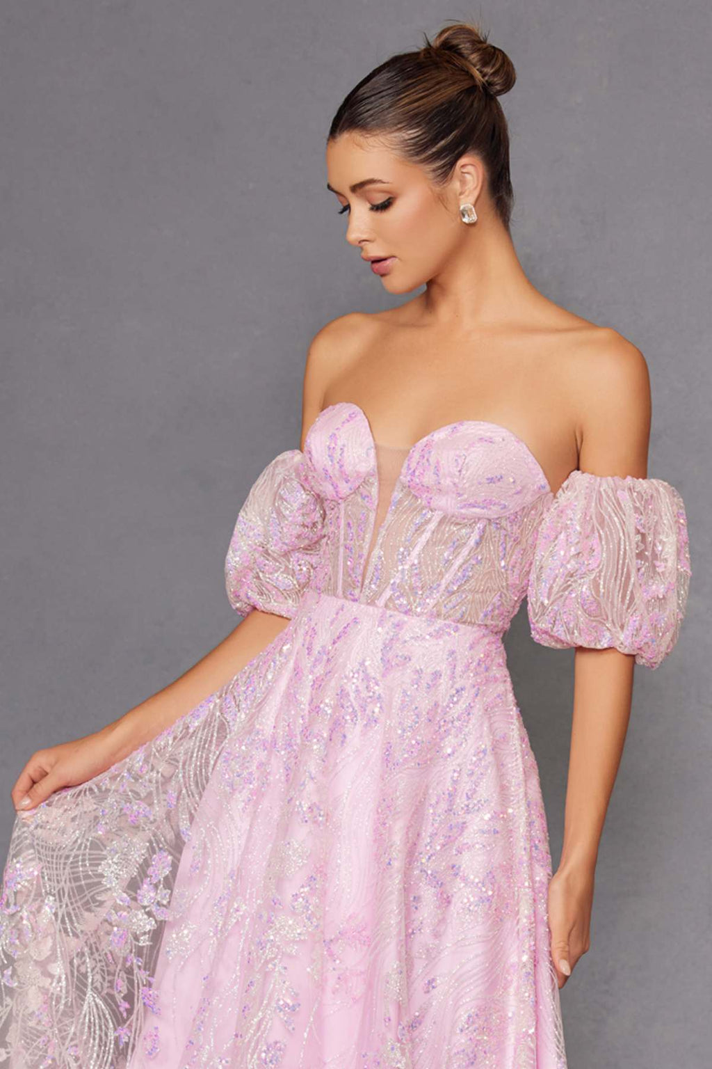 Pink strapless sequin tulle ballgown with puff sleeves, sweetheart neckline