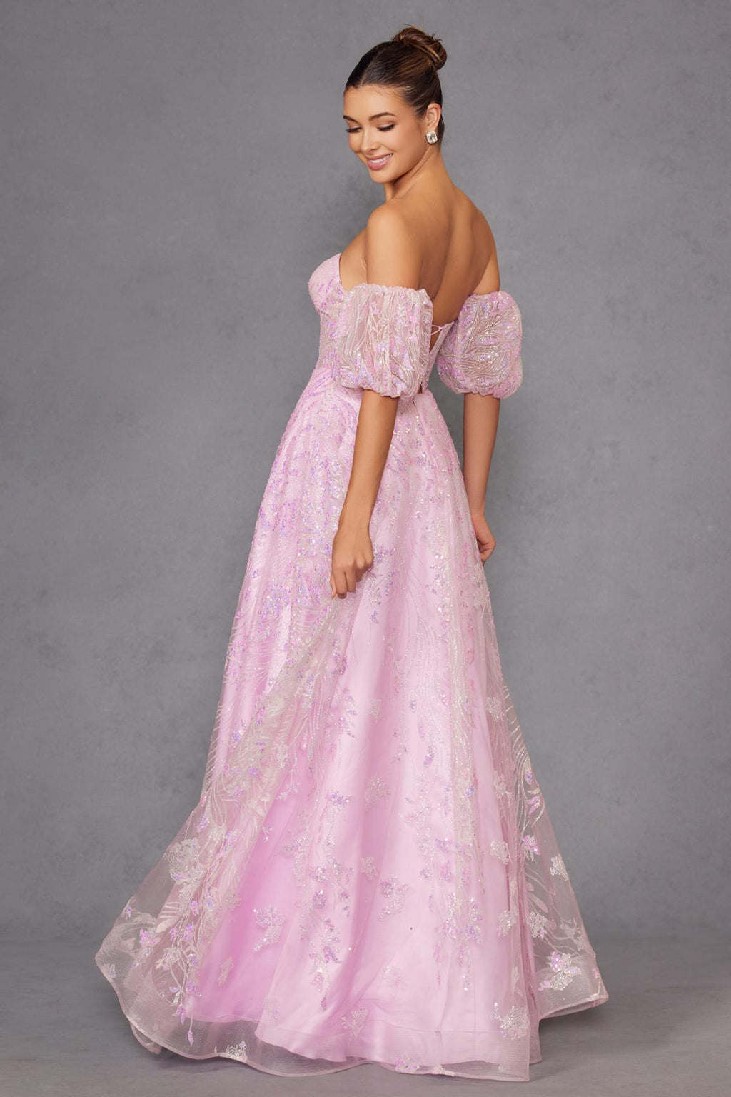 Pink strapless sequin tulle ballgown with puff sleeves, A-line skirt