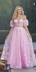 Light pink strapless sequin tulle ballgown with puff sleeves and full A-line skirt