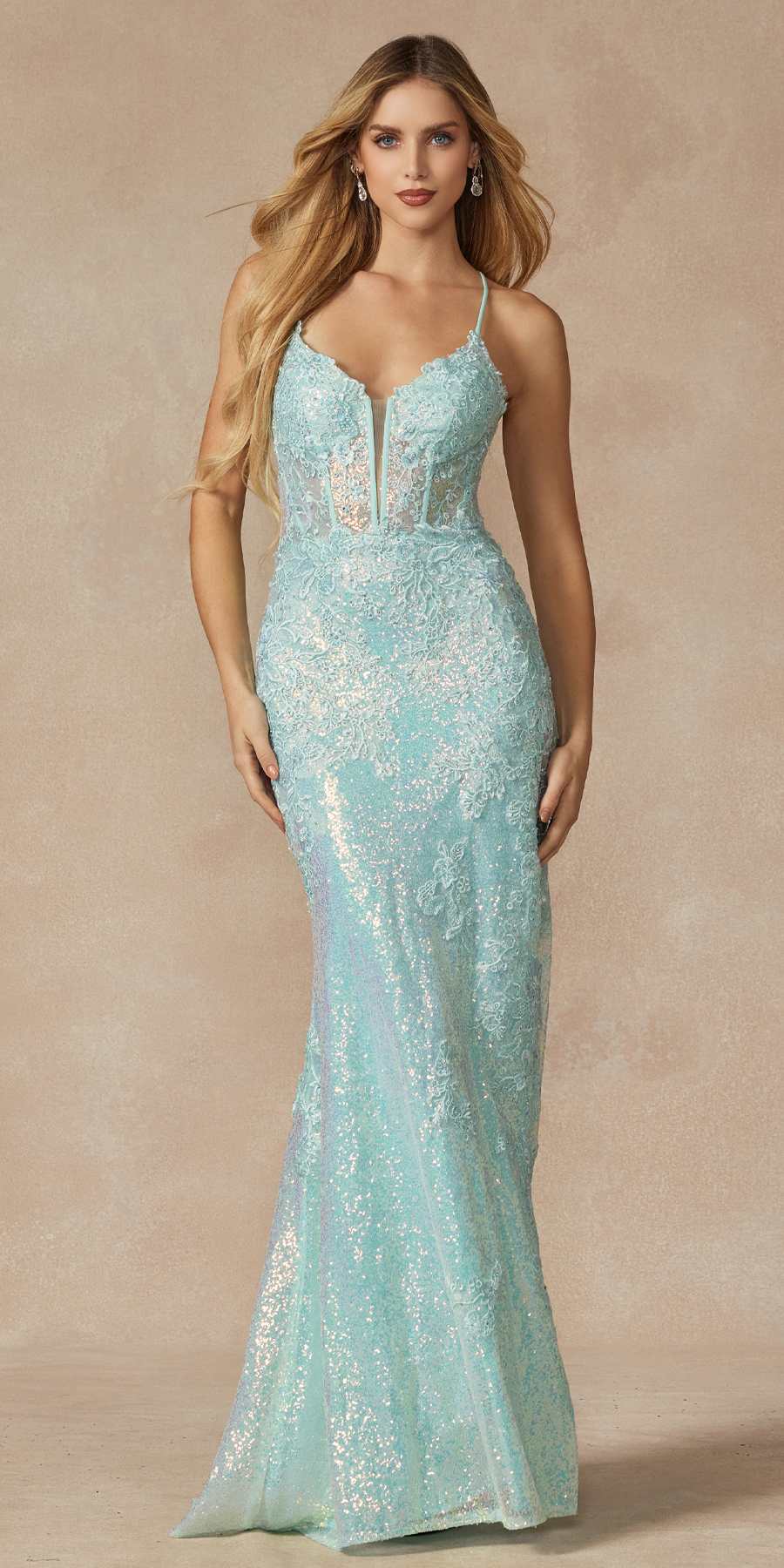 Mint green sequin lace prom gown with spaghetti straps and high slit