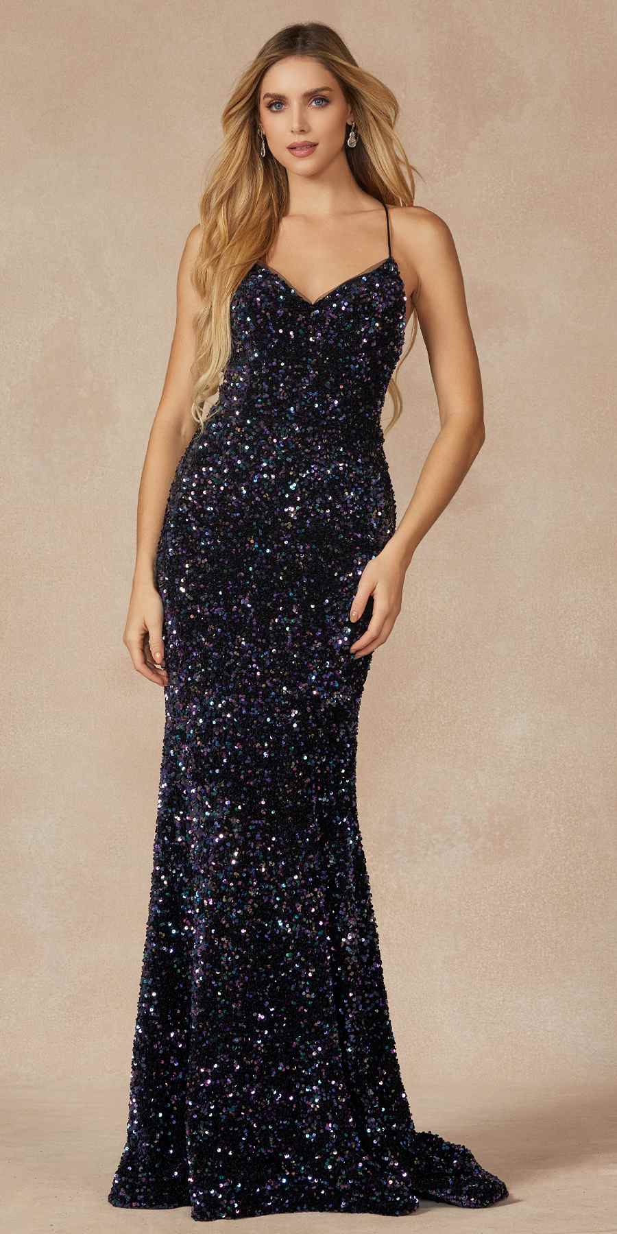Fitted velvet sequin gown with V-neckline and thin spaghetti straps