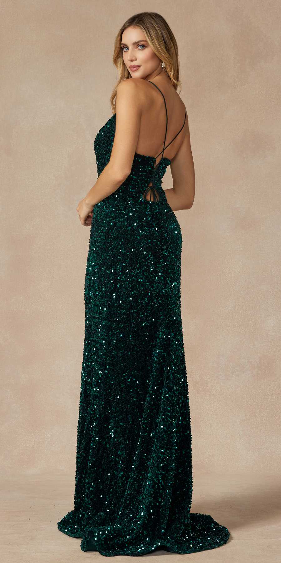 Fitted velvet sequin gown with lace-up back and spaghetti straps