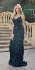 Teal sequin fitted gown with V-neck and spaghetti straps, mermaid hem