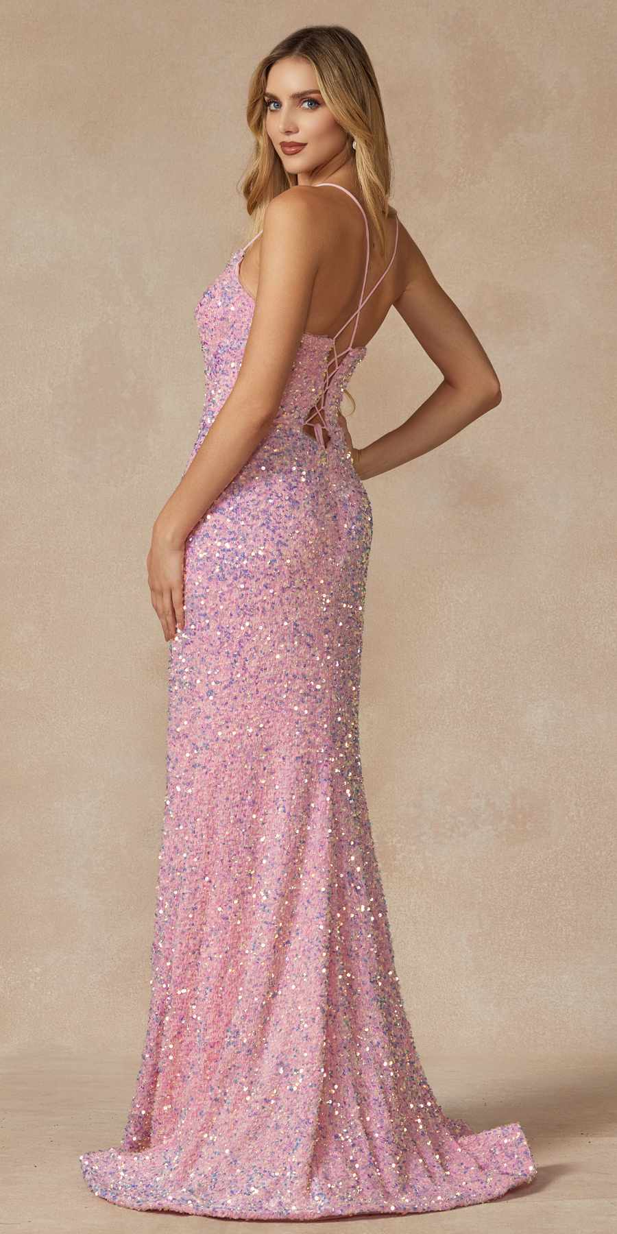 Pink sequin fitted gown with V-back and lace-up crisscross at open back