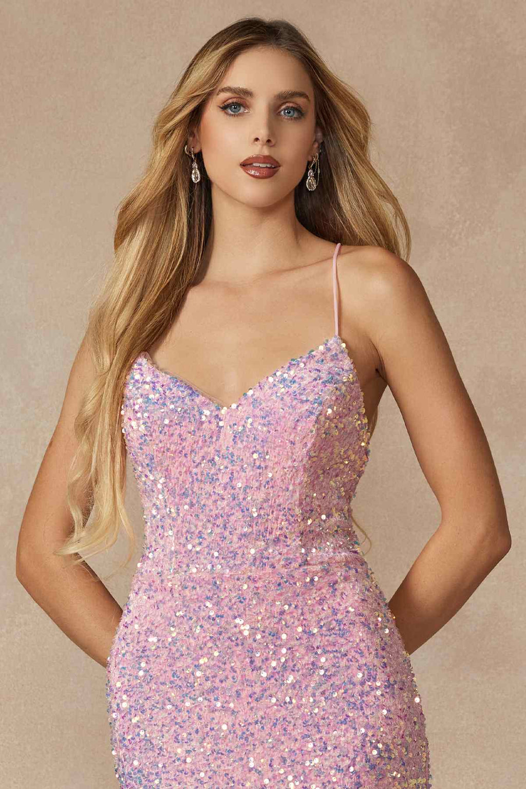 Pink sequin V-neck fitted gown with spaghetti straps, sparkling allover texture
