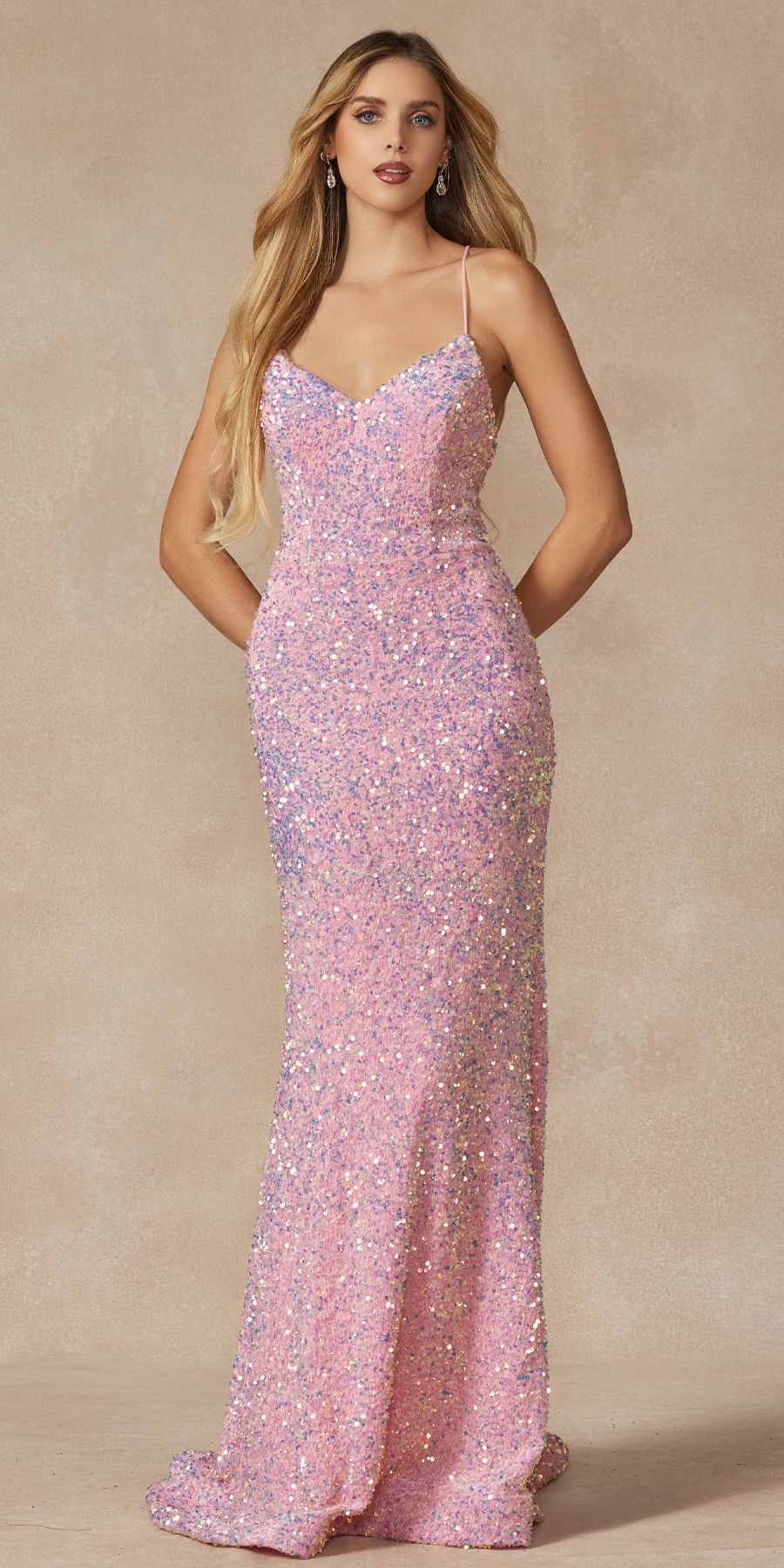 Pink sequin fitted gown with spaghetti straps and V-neck, mermaid hem