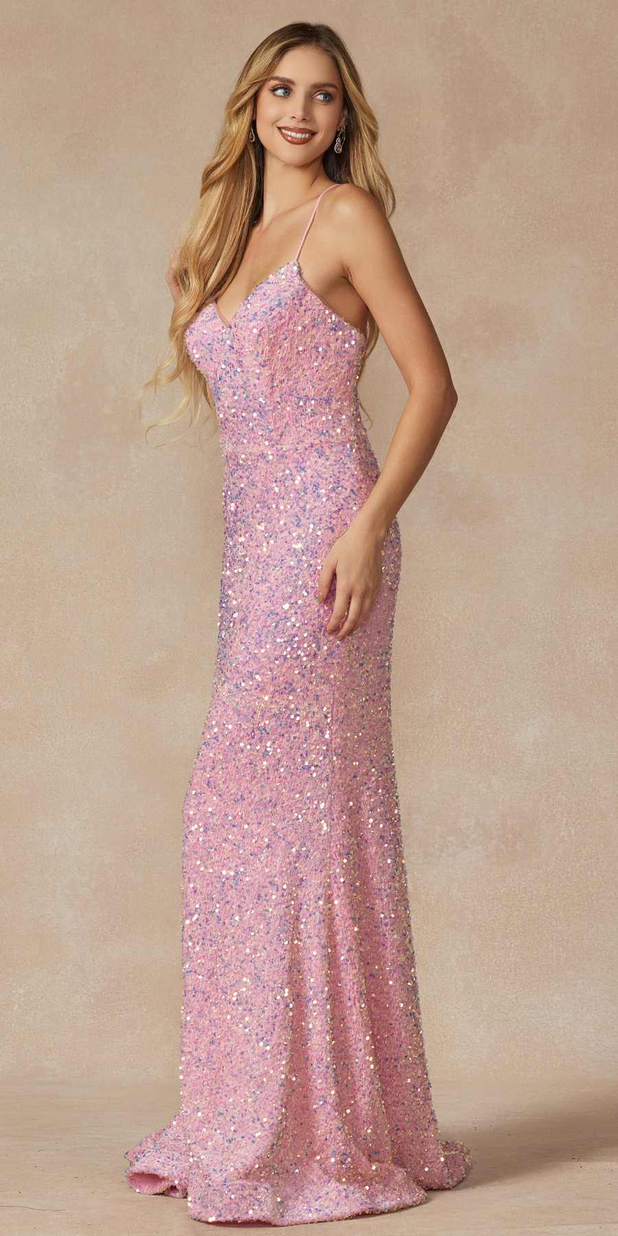 Pink sequin spaghetti-strap gown with V-neck, fitted mermaid skirt