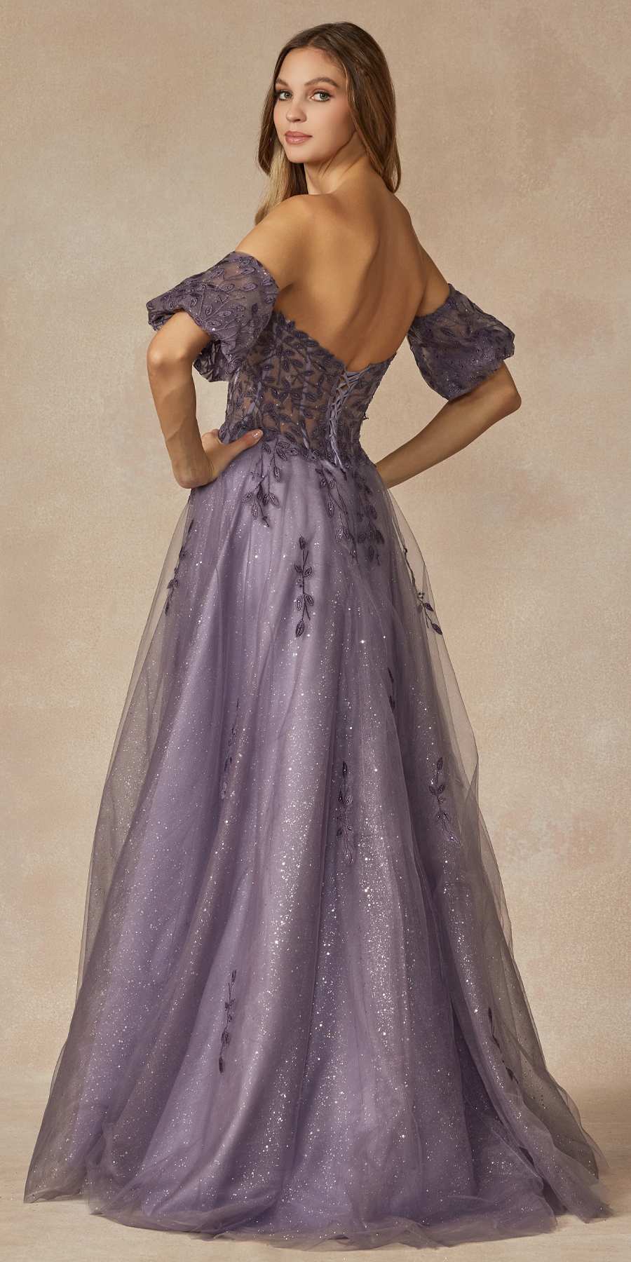 Purple embroidered off-shoulder A-line gown with short puff sleeves and sparkly leaf pattern