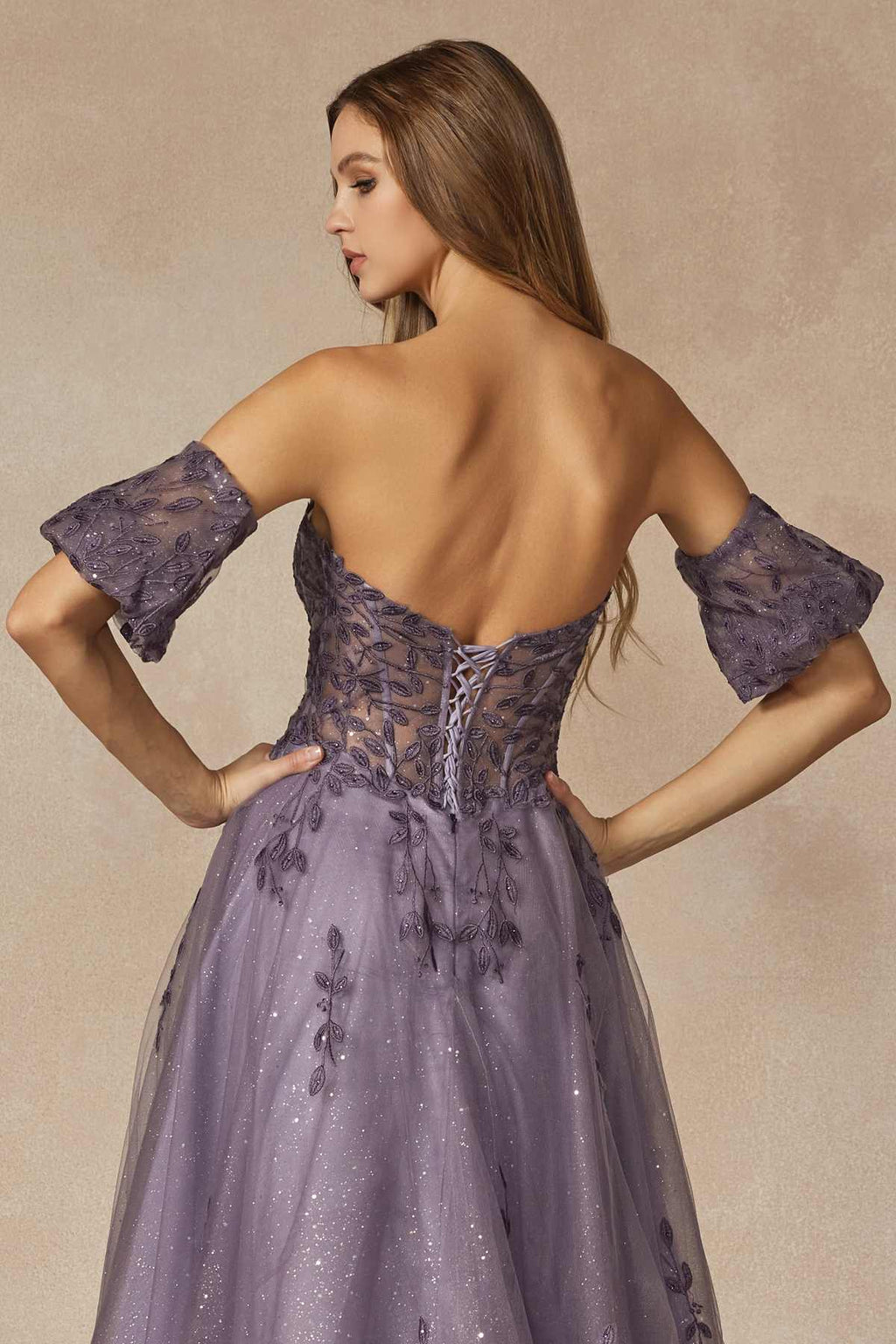 Purple embroidered corset-back A-line gown with short puff sleeves