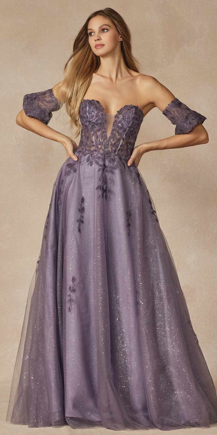 Lavender embroidered A-line off-shoulder gown with corset bodice and short puff sleeves